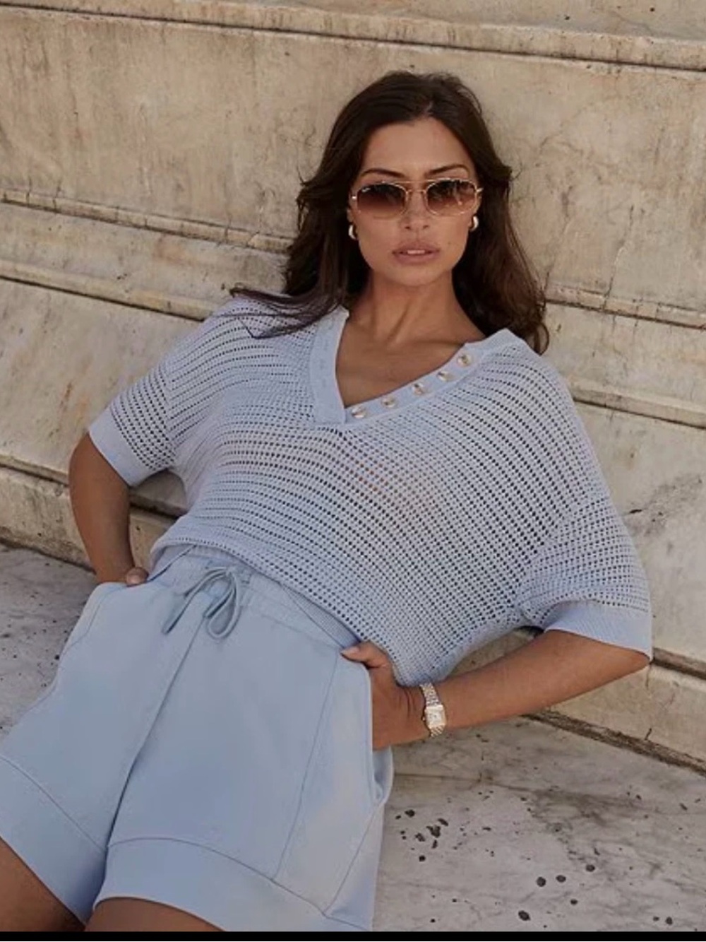 Light Callie Knit Top in Cashmere Blue V-Neck Knit Sweater with Button Detail